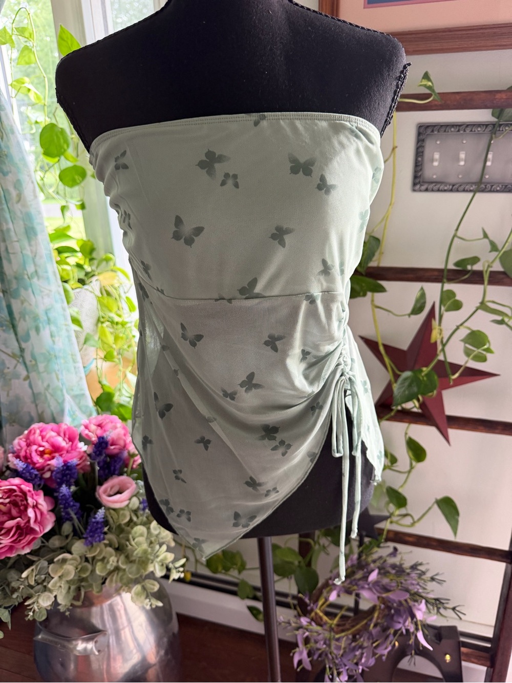 See You Monday Sage Green Butterfly-Print Strapless Crop Top
